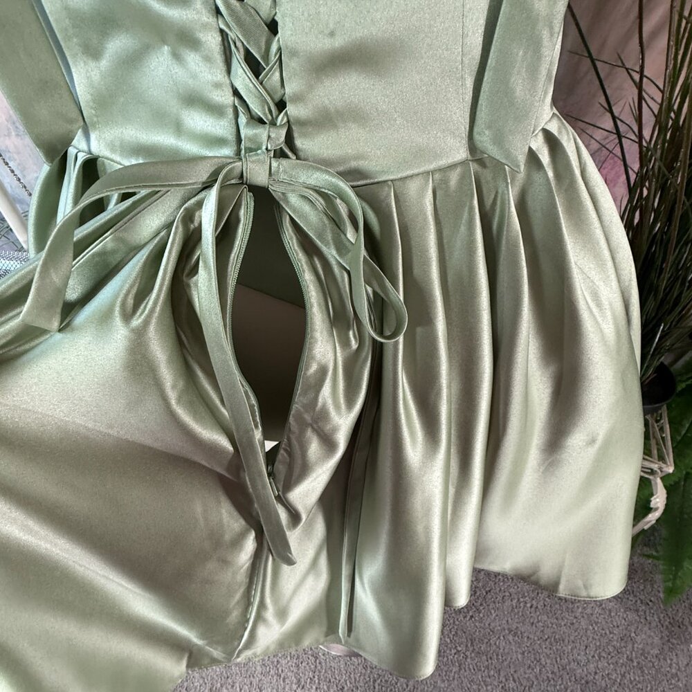 ๐Sage Green Lace Up Cocktail - Bridesmaid - Homecoming Dress w/ Wide Straps - Picture 9 of 16